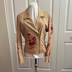Blank NYC Tan Leather Jacket with Red Floral Embroidery